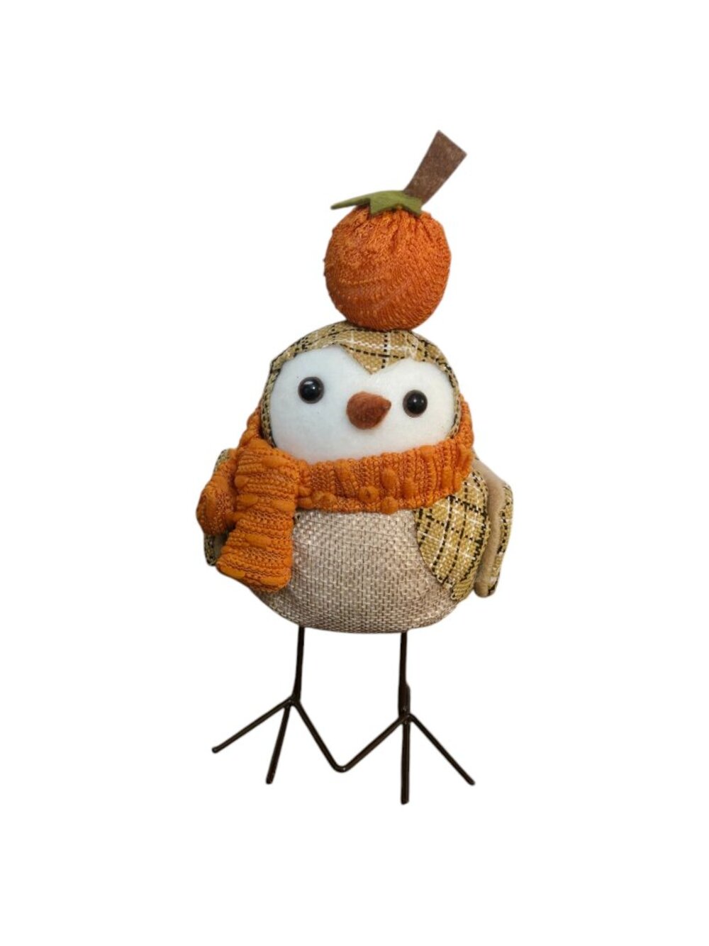 Autumn Bird Decor Orange Pumpkin Tan Plaid Coat Thanksgiving Fall 8 Inch
